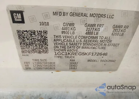 2019 Chevrolet Silverado 2500Hd Wt из США, поврежденный, VIN 1GC1KREG5KF172646